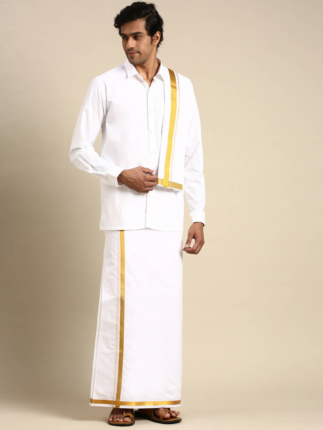 Ramraj Cotton Mens Wedding White Regular Dhoti, Shirt & Towel Set Subhakalyan 1" | Grocsy