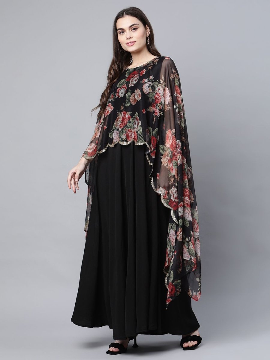 Ahalyaa Women Black Crepe Dress With Attached Dupatta | Grocsy