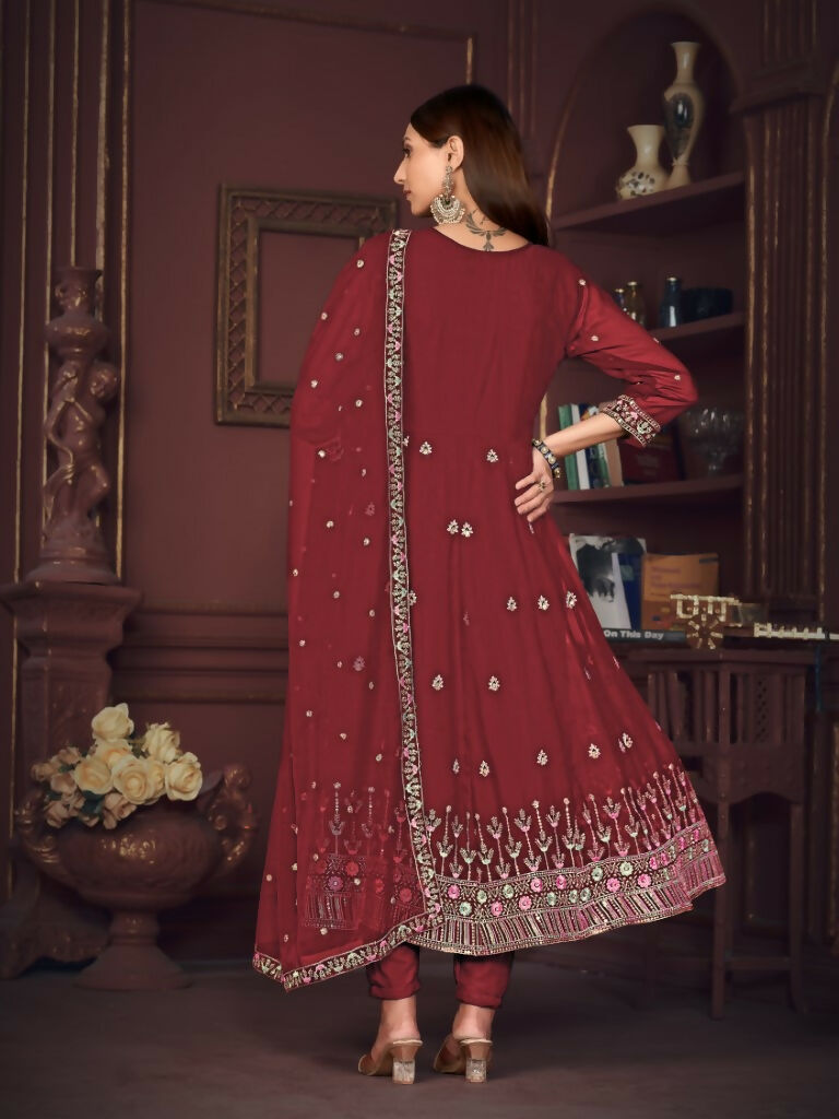 Jyoti Fashion Women's Maroon Georgette Embroidered Anarkali Kurta Pant Set With Dupatta | Grocsy