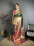 Prime Volt Pure Handloom Kanjivaram Katan Silk Saree with Antique Zari & Contrast Pallu-Green | Grocsy