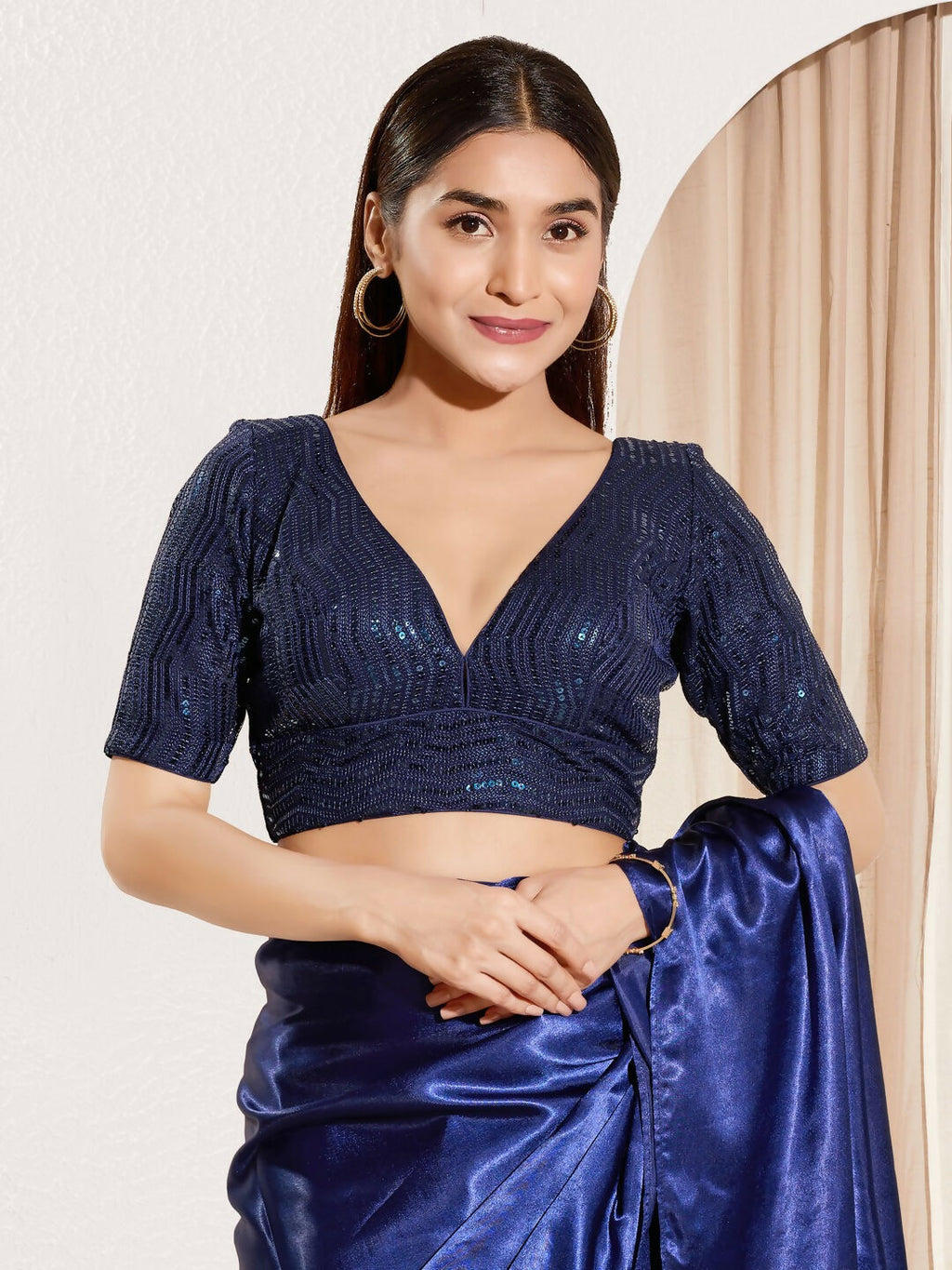 Joban Fashion Navy Blue Sequin Padded Blouse With V Neck Elbow Sleeves | Grocsy