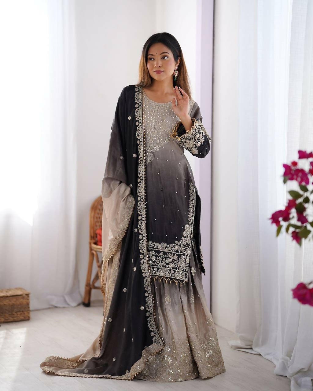 The52 Women's Beautiful Chinon silk Fabric Embroidery Work Straight Kurta Palazzo and Dupatta Set | Grocsy