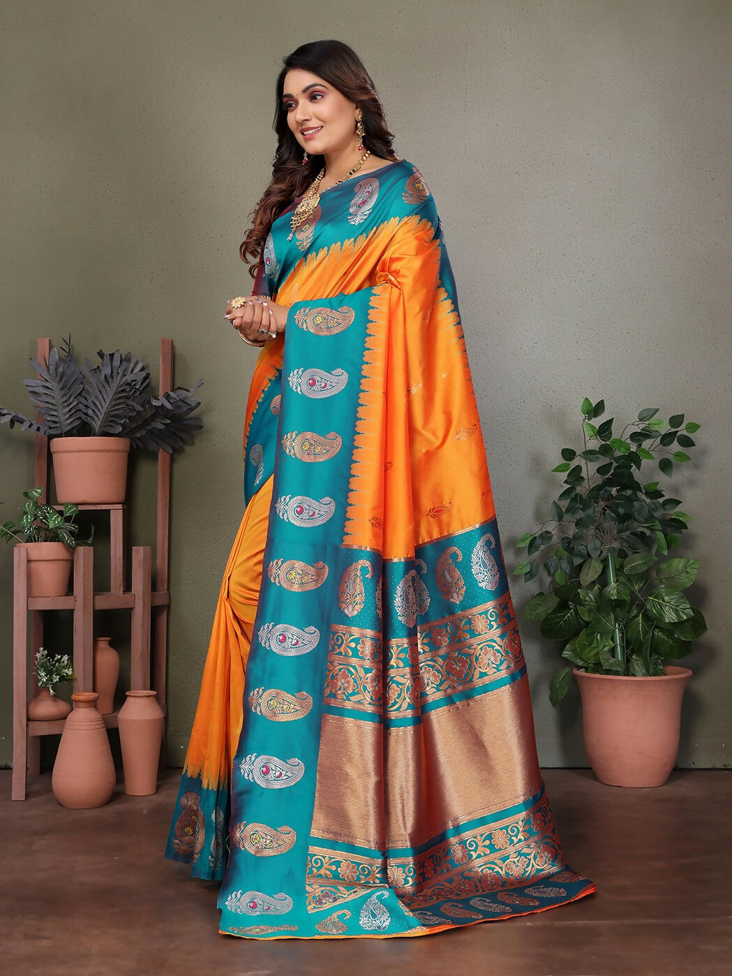 Joban Fashion Banarasi Orange Butti Soft Silk Saree | Grocsy