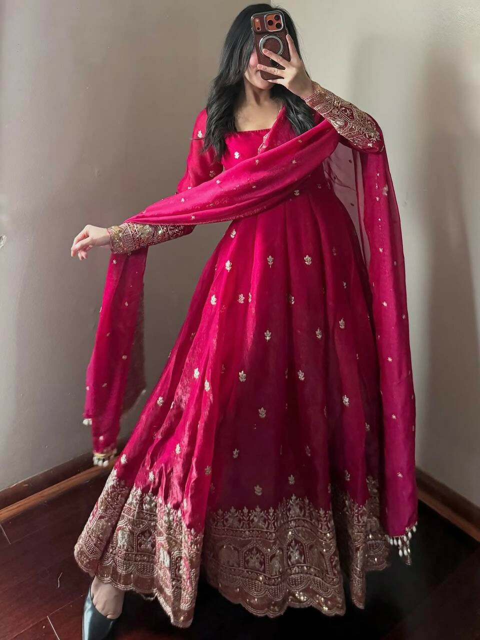 Teeya Creation Red Fendy Silk Designer Heavy Work Wedding Wear Long Gown | Grocsy