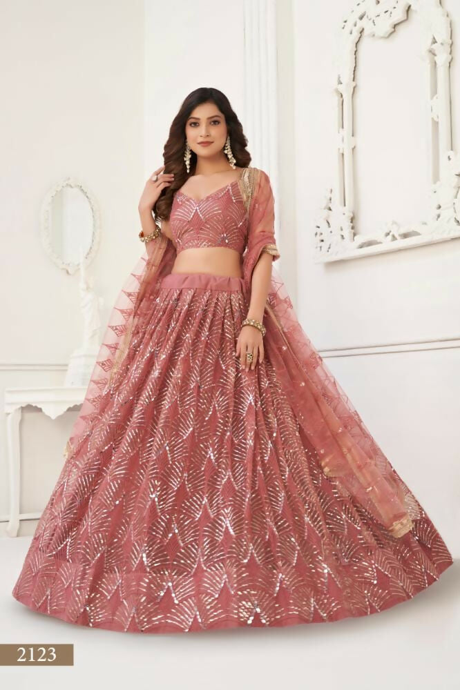 Aastha Fashion Dusty Onion Pink Butterfly Net Tone To Tone Thread Work, Sequence Work And Original Mirror Work Embroidery Wedding Wear Lehenga Choli | Grocsy