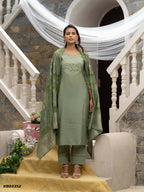 Green Roman Silk Plain Kurta with Pant & Dupatta - Disha | Grocsy