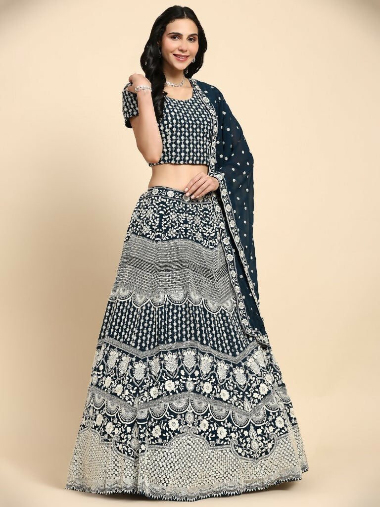 Blue Georgette Thread Embroidered Lehenga Choli with Dupatta - Tanya | Grocsy