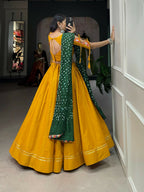 Vastranavya Navaratri Special Pure Cotton Plain With Gotta Patti Touch Up Lehenga Stitched Choli - Mustard | Grocsy