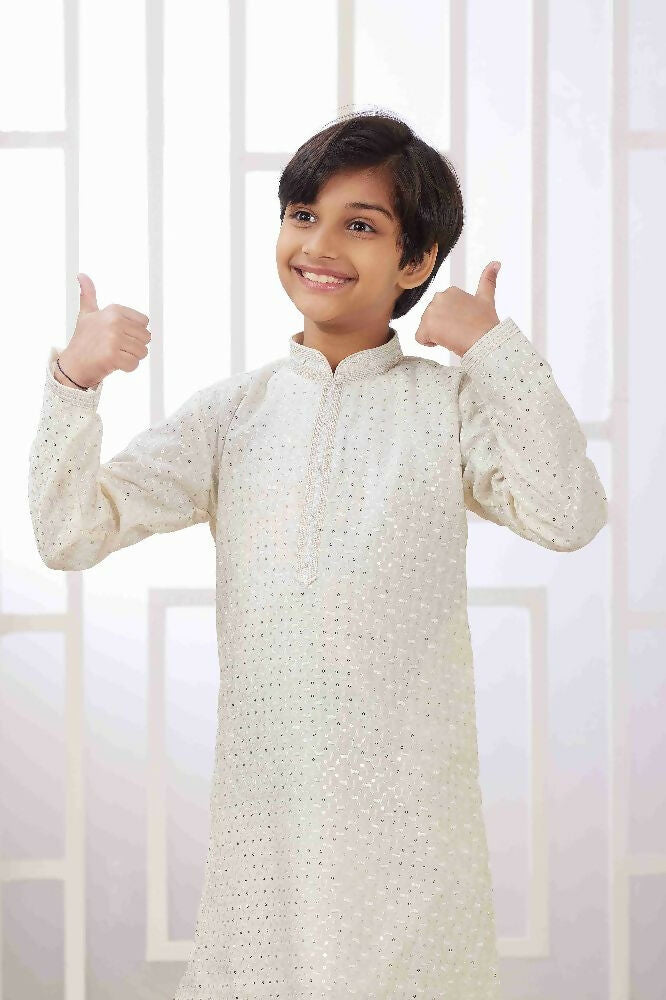 Raivat Ethnic Art Silk Embroidery Work Kids Kurta Pajama In Cream Colour | Grocsy