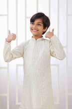 Raivat Ethnic Art Silk Embroidery Work Kids Kurta Pajama In Cream Colour | Grocsy