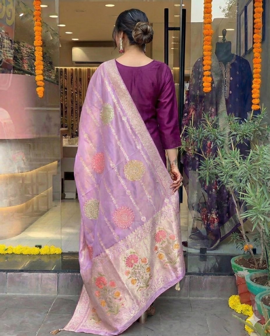 The52 Women's Beautiful Chanderi Fabric Embroidery Work Flared Kurta Pant and Dupatta Set | Grocsy