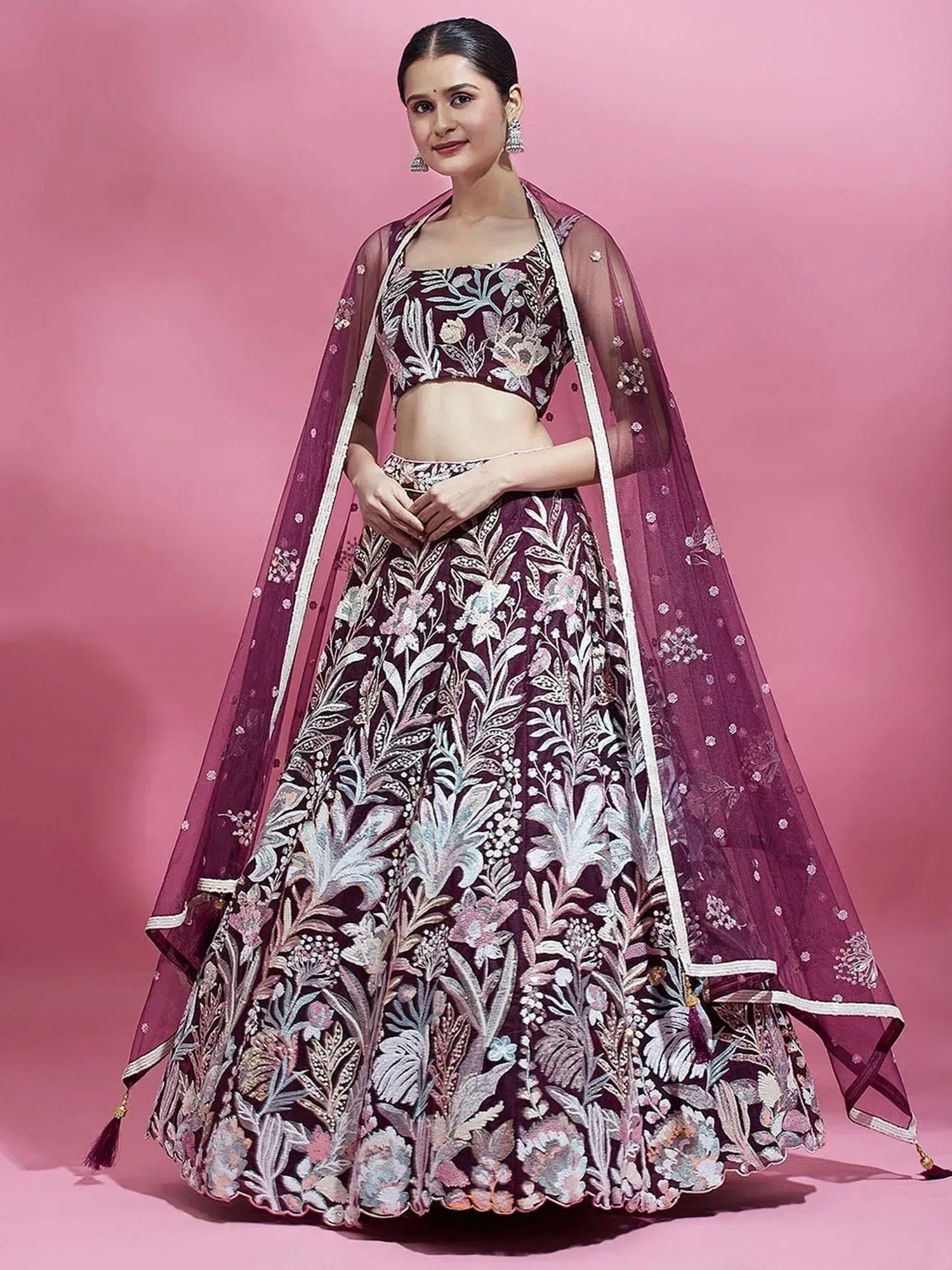 Tulsi Art Breathtaking Wine Sequins Soft Net Function Wear Lehenga Choli | Grocsy