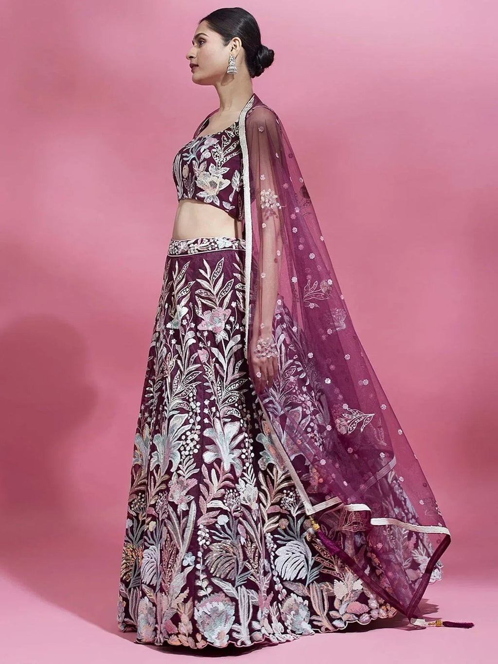 Tulsi Art Breathtaking Wine Sequins Soft Net Function Wear Lehenga Choli | Grocsy