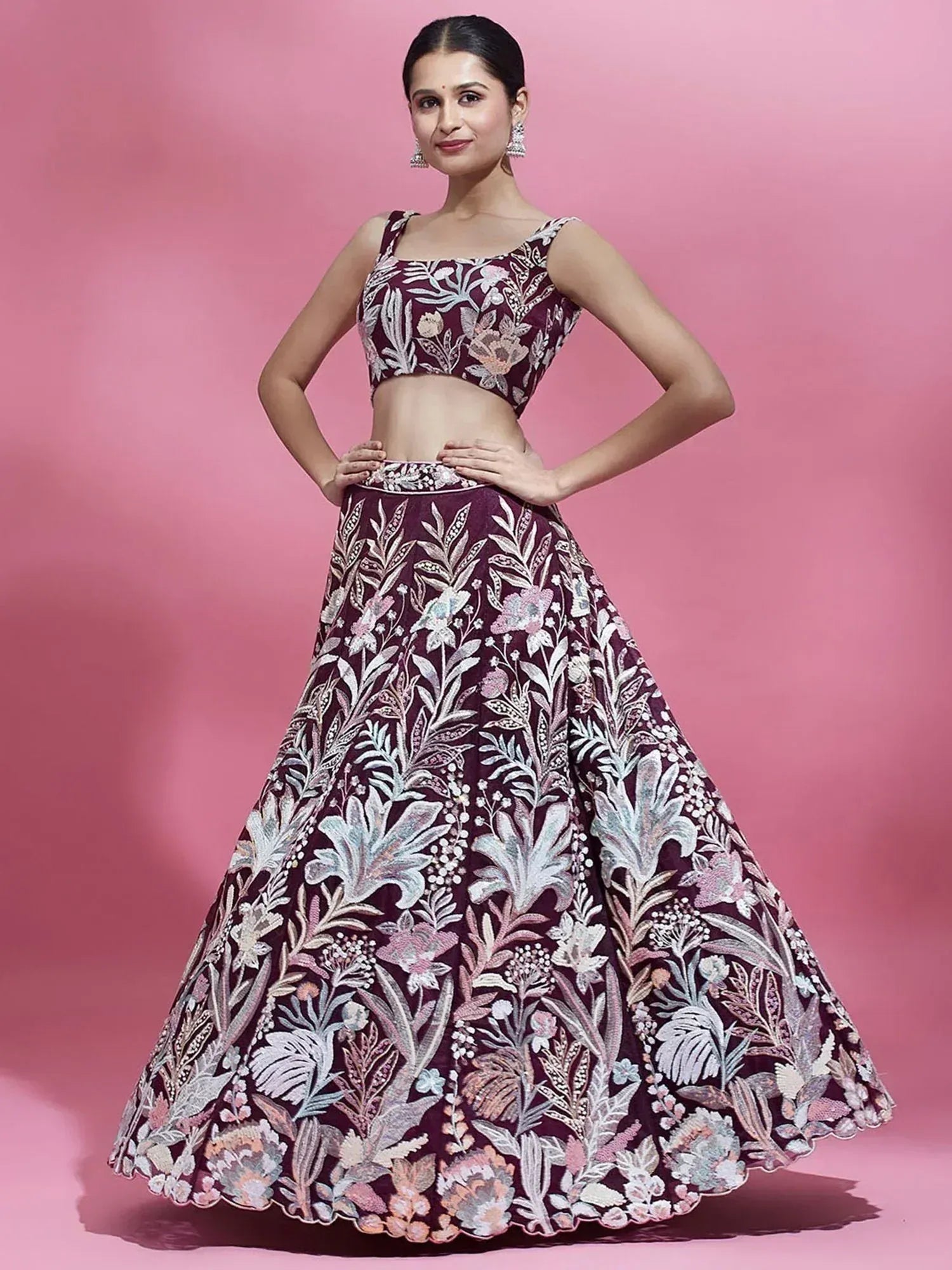 Tulsi Art Breathtaking Wine Sequins Soft Net Function Wear Lehenga Choli | Grocsy