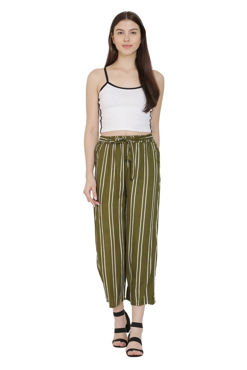 Asmaani Olive Green Color Rayon Fabric Stripped Palazzo | Grocsy
