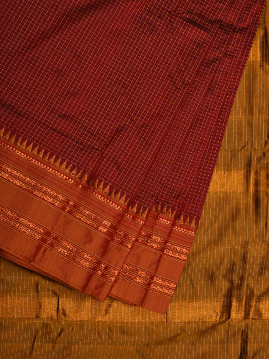 Brown and Mustard Narayanpet Silk Handloom Plain Saree with Traditional Border Design No Blouse - Global Threads | Grocsy