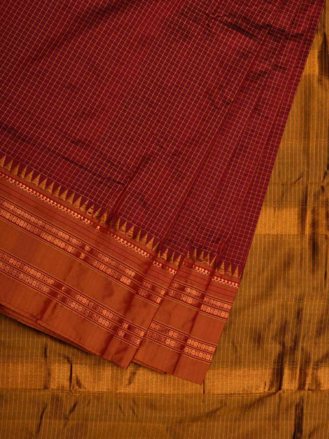 Brown and Mustard Narayanpet Silk Handloom Plain Saree with Traditional Border Design No Blouse - Global Threads | Grocsy