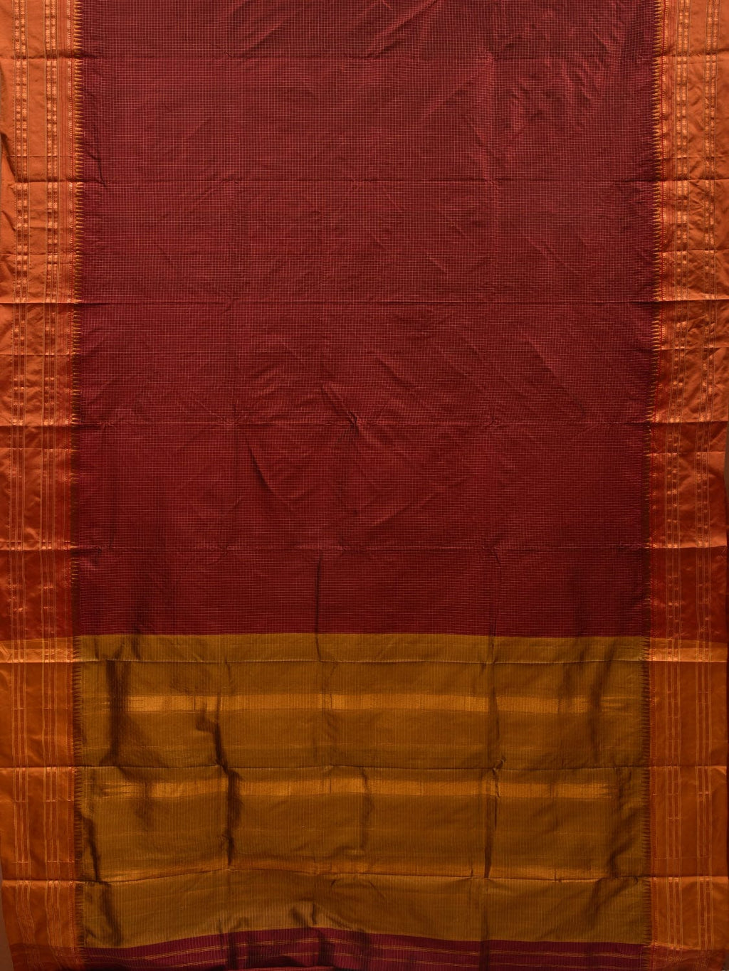 Brown and Mustard Narayanpet Silk Handloom Plain Saree with Traditional Border Design No Blouse - Global Threads | Grocsy