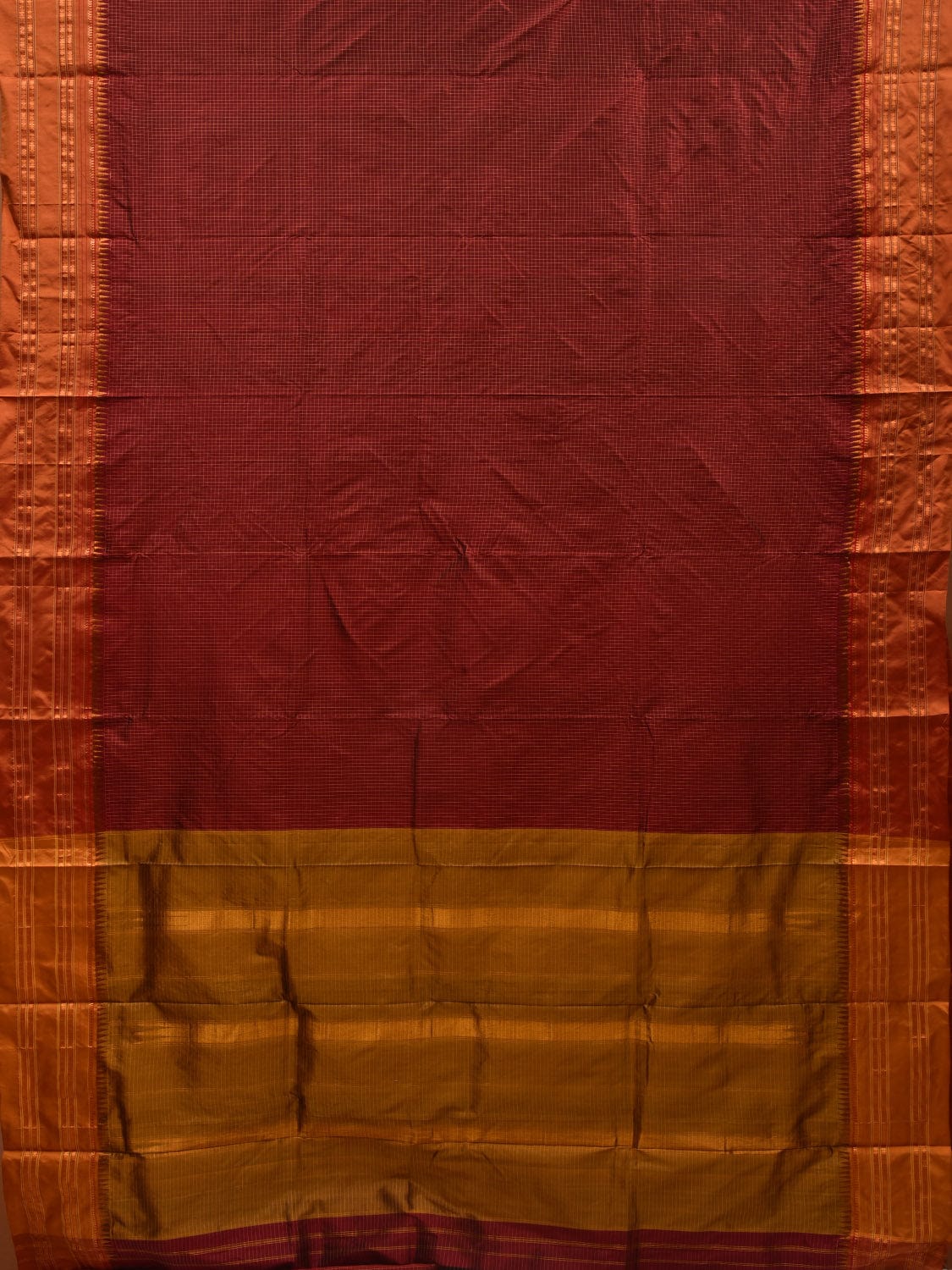 Brown and Mustard Narayanpet Silk Handloom Plain Saree with Traditional Border Design No Blouse - Global Threads | Grocsy