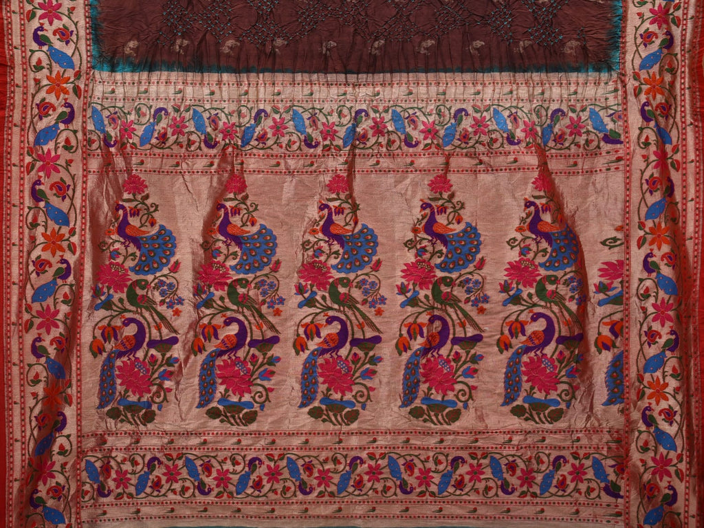Brown Bandhani Paithani Silk Handloom Saree with Peacocks Border and Pallu Design - Global Threads | Grocsy
