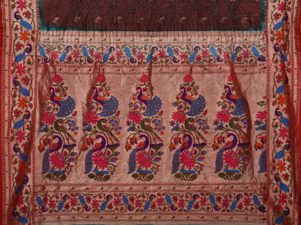 Brown Bandhani Paithani Silk Handloom Saree with Peacocks Border and Pallu Design - Global Threads | Grocsy