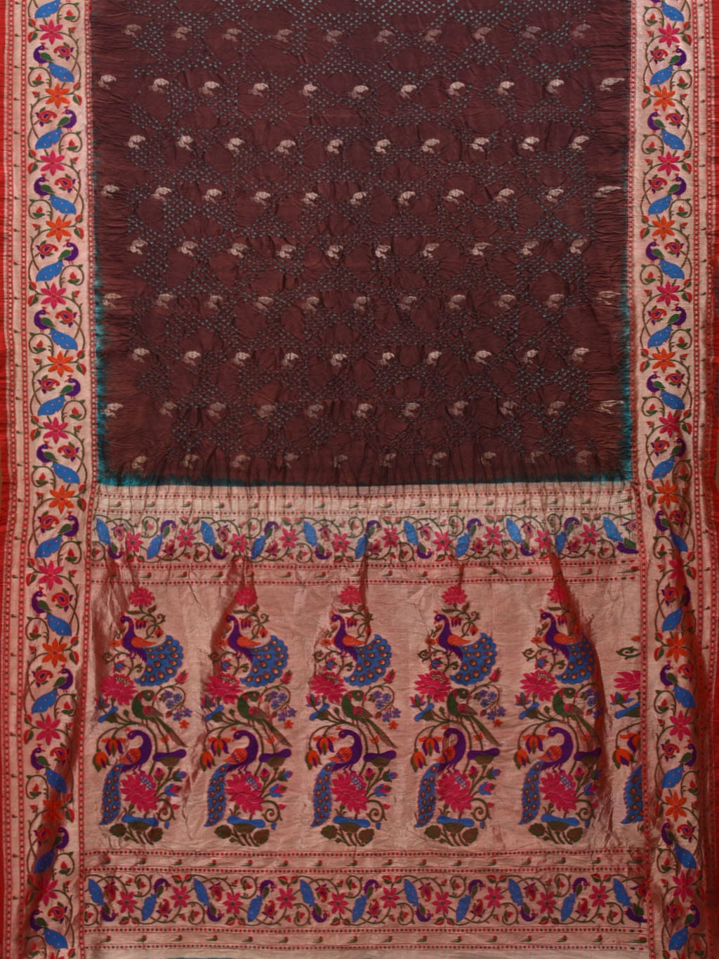 Brown Bandhani Paithani Silk Handloom Saree with Peacocks Border and Pallu Design - Global Threads | Grocsy