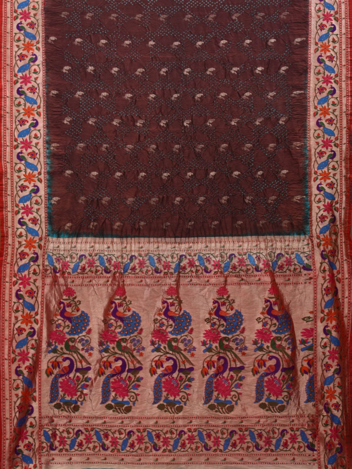 Brown Bandhani Paithani Silk Handloom Saree with Peacocks Border and Pallu Design - Global Threads | Grocsy