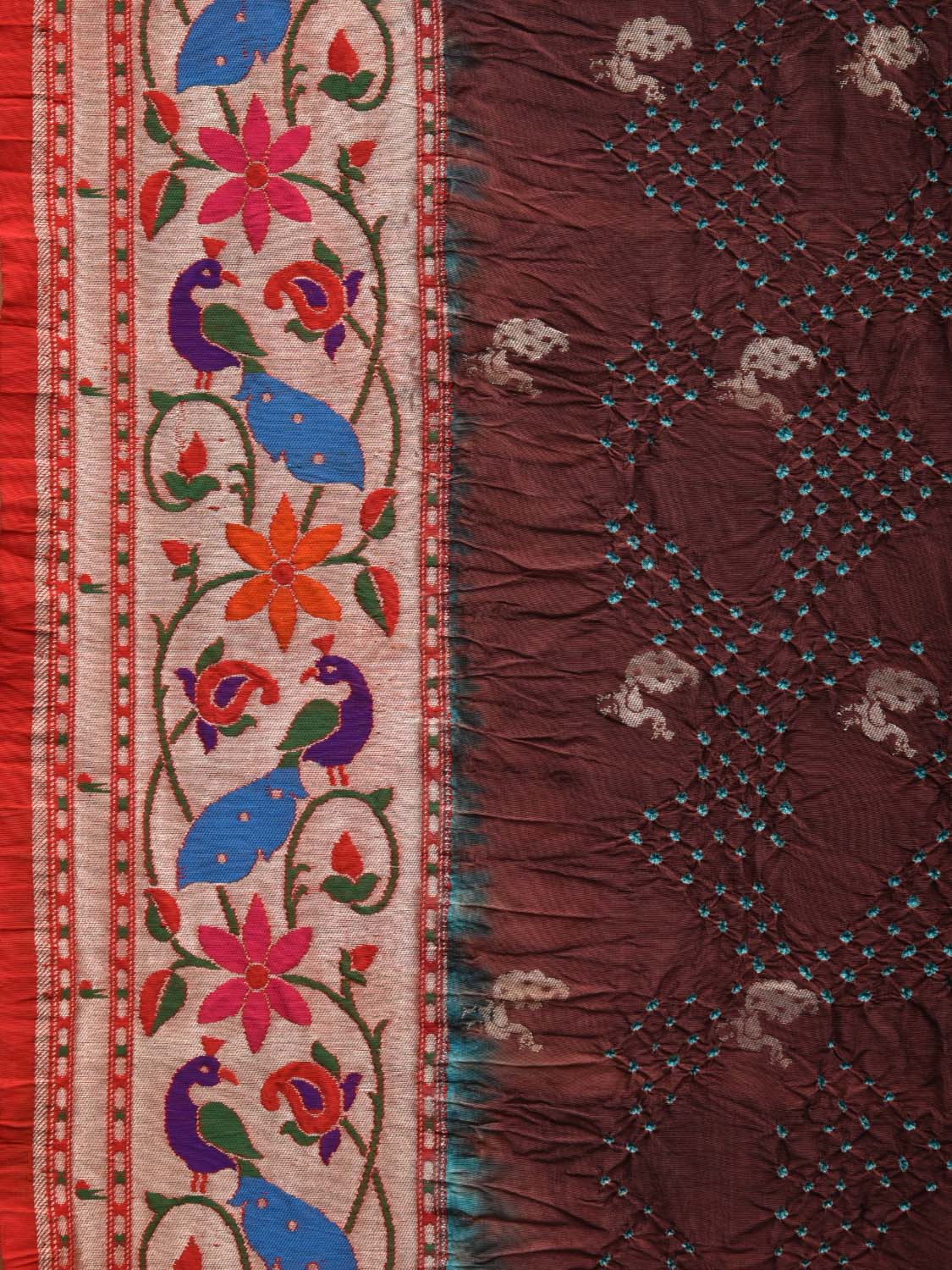 Brown Bandhani Paithani Silk Handloom Saree with Peacocks Border and Pallu Design - Global Threads | Grocsy