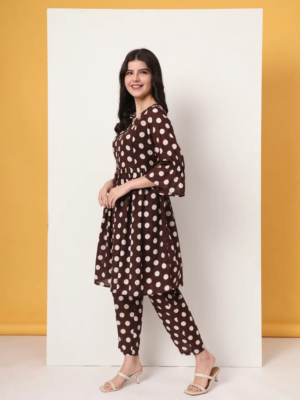Yufta Brown Cotton Maternity Gathered Or Pleated Kurta Pants Set | Grocsy