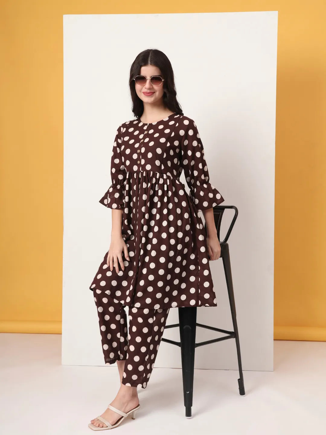 Yufta Brown Cotton Maternity Gathered Or Pleated Kurta Pants Set | Grocsy