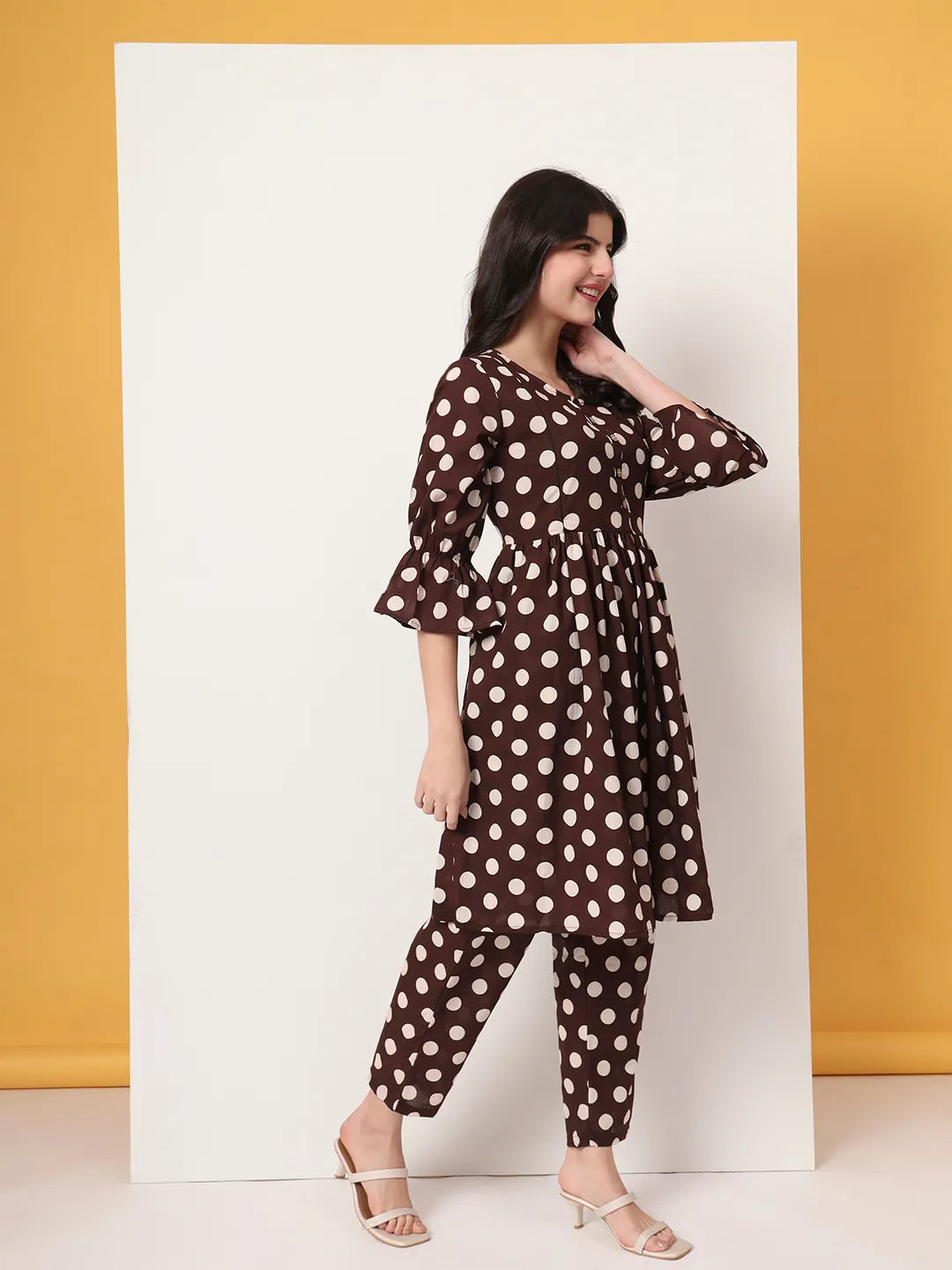 Yufta Brown Cotton Maternity Gathered Or Pleated Kurta Pants Set | Grocsy