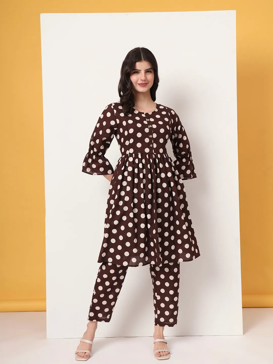 Yufta Brown Cotton Maternity Gathered Or Pleated Kurta Pants Set | Grocsy