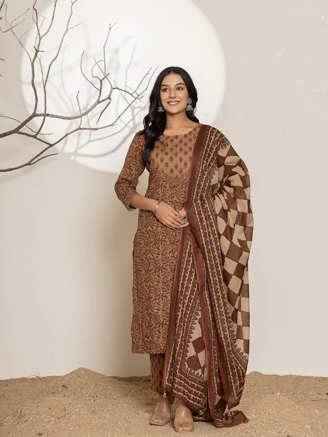 Yufta Brown Leaf Print Cotton Straight Kurta Dupatta Set | Grocsy