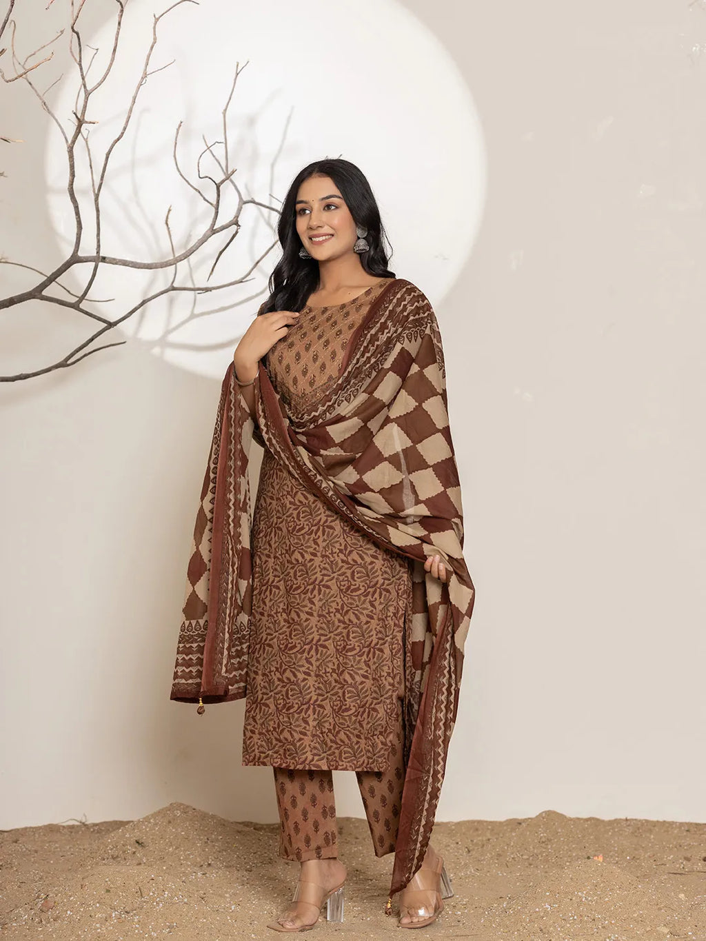 Yufta Brown Leaf Print Cotton Straight Kurta Dupatta Set | Grocsy