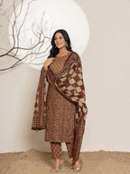 Yufta Brown Leaf Print Cotton Straight Kurta Dupatta Set | Grocsy
