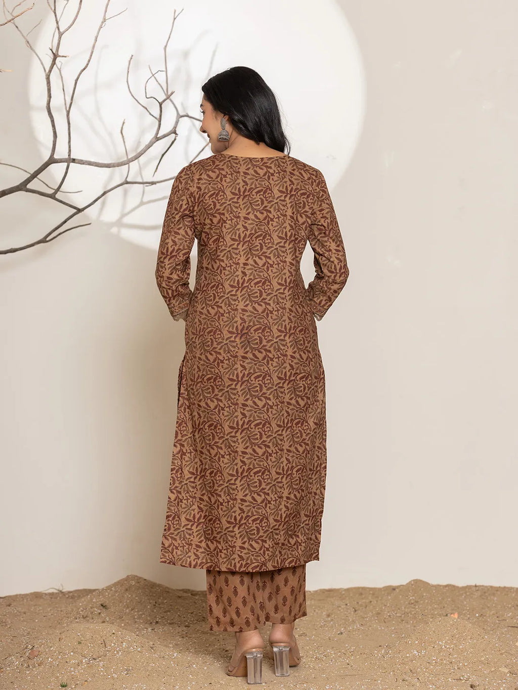 Yufta Brown Leaf Print Cotton Straight Kurta Dupatta Set | Grocsy