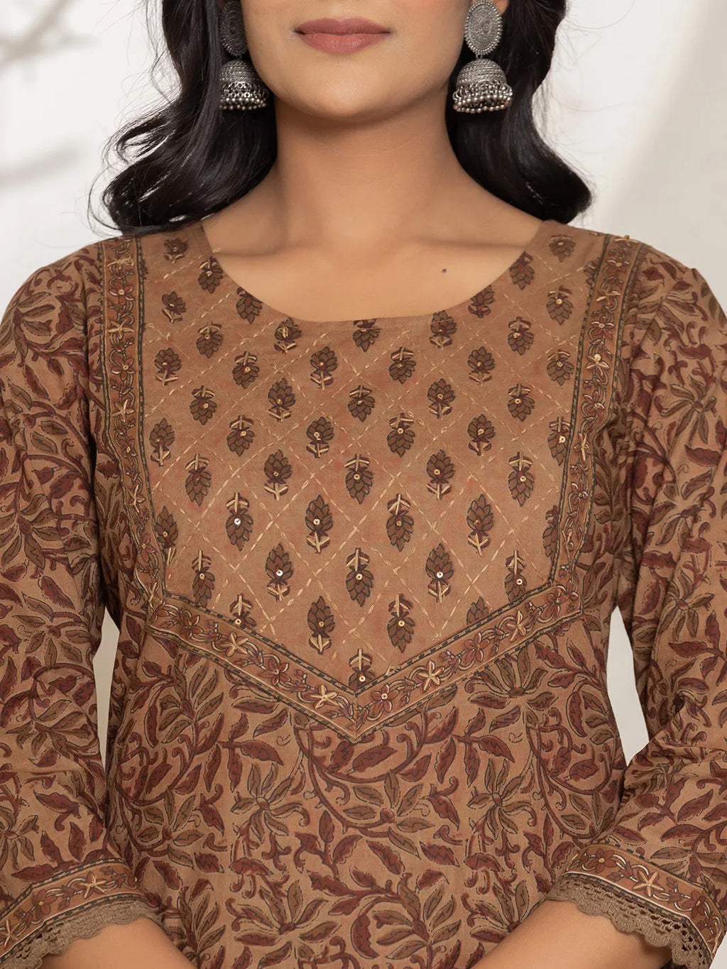 Yufta Brown Leaf Print Cotton Straight Kurta Dupatta Set | Grocsy