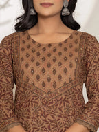 Yufta Brown Leaf Print Cotton Straight Kurta Dupatta Set | Grocsy