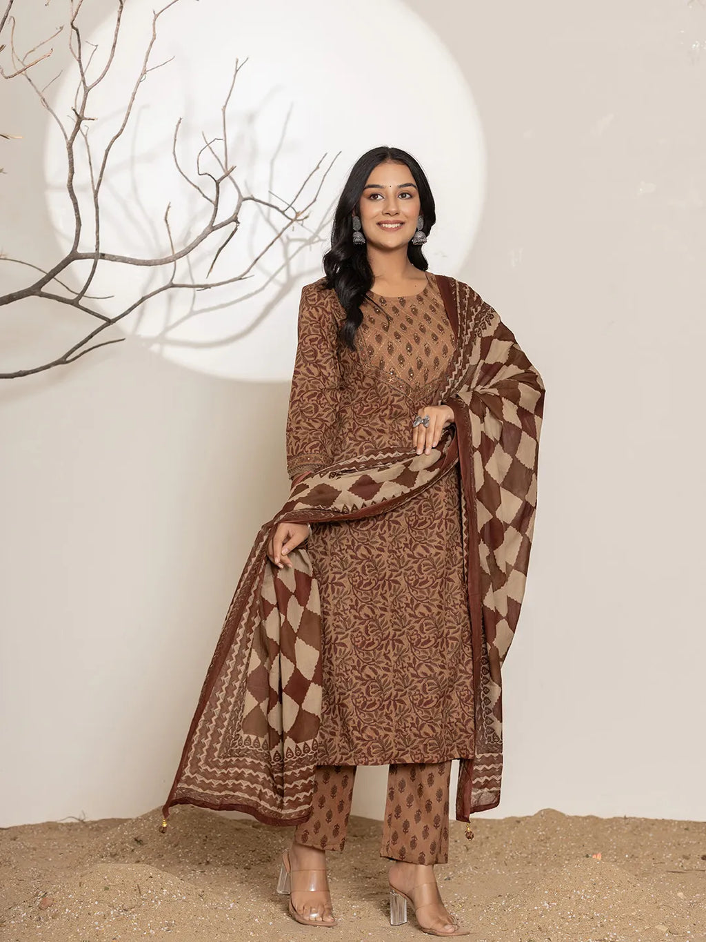 Yufta Brown Leaf Print Cotton Straight Kurta Dupatta Set | Grocsy