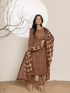 Yufta Brown Leaf Print Cotton Straight Kurta Dupatta Set | Grocsy