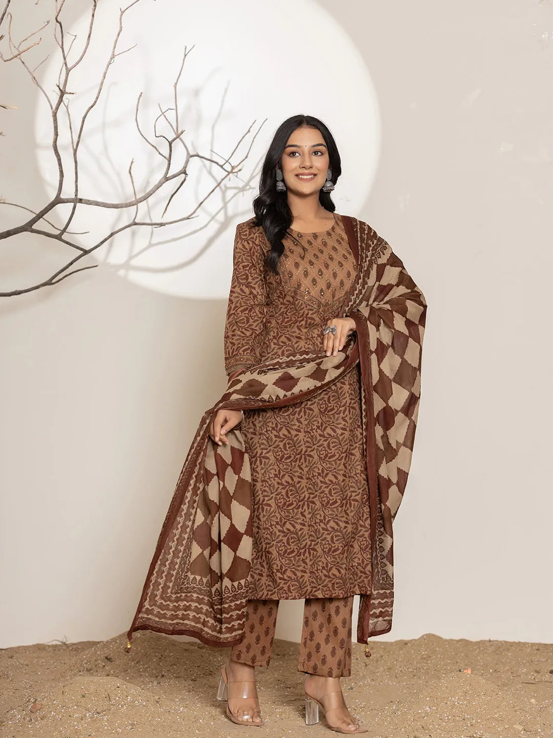 Yufta Brown Leaf Print Cotton Straight Kurta Dupatta Set | Grocsy