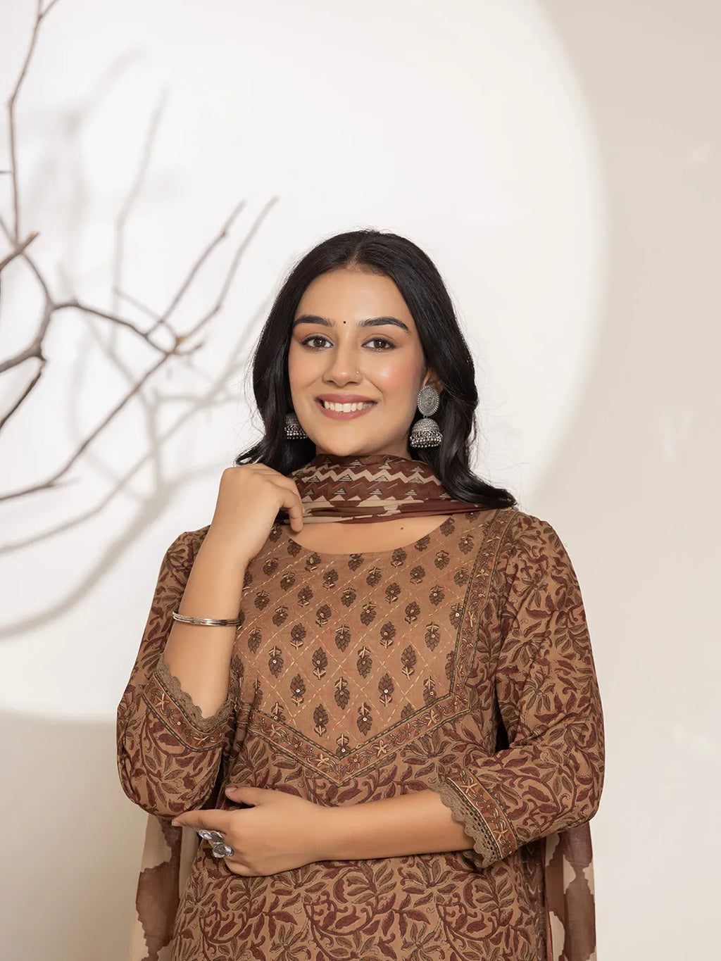 Yufta Brown Leaf Print Cotton Straight Kurta Dupatta Set | Grocsy