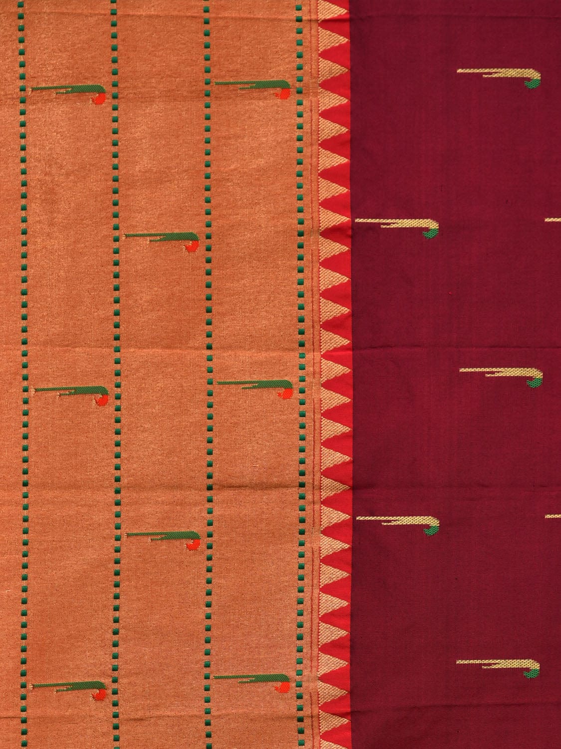 Brown Paithani Silk Handloom Saree with Triple Muniya Border and Pallu Design - Global Threads | Grocsy