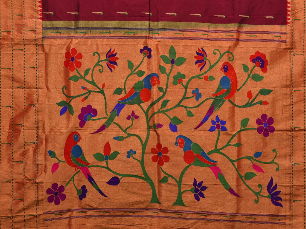 Brown Paithani Silk Handloom Saree with Triple Muniya Border and Pallu Design - Global Threads | Grocsy
