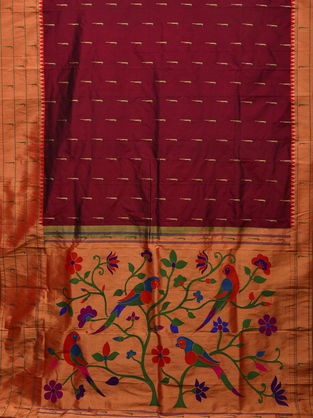 Brown Paithani Silk Handloom Saree with Triple Muniya Border and Pallu Design - Global Threads | Grocsy