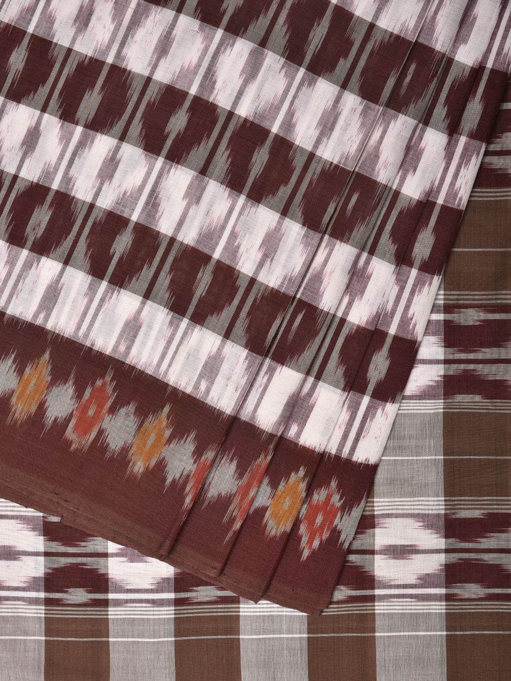 Brown Pochampally Ikat Cotton Handloom Saree with Strips Design No Blouse - Global Threads | Grocsy