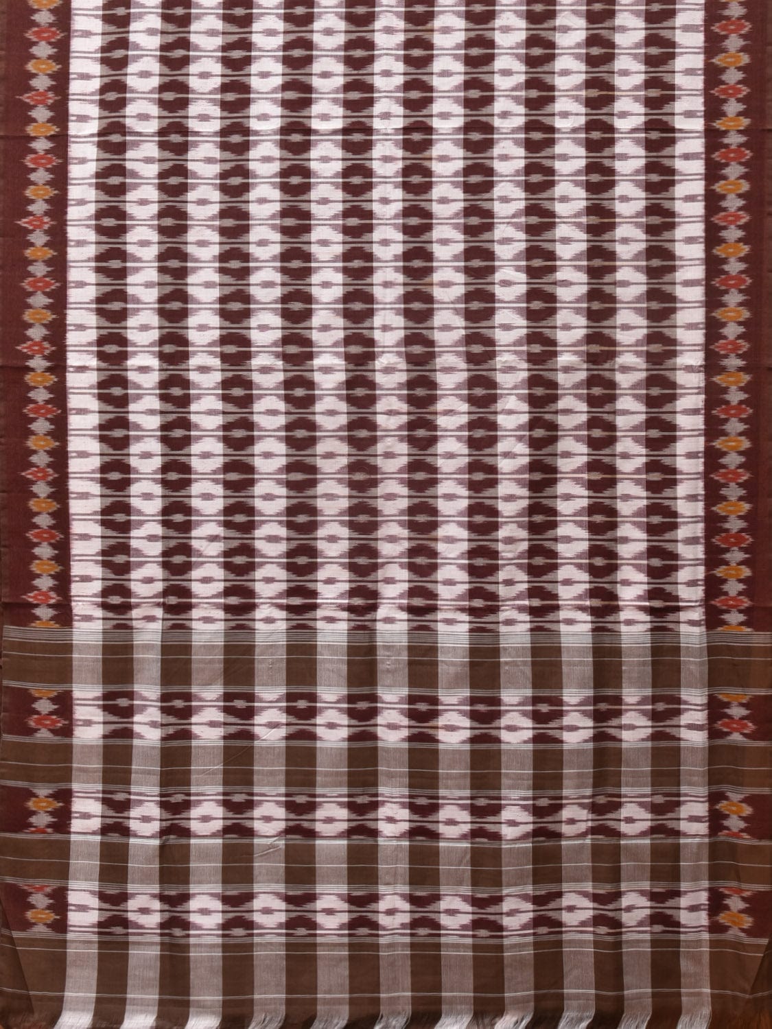 Brown Pochampally Ikat Cotton Handloom Saree with Strips Design No Blouse - Global Threads | Grocsy