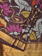 Brown Uppada Silk Handloom Saree with All Over Birds and Lotus Design - Global Threads | Grocsy