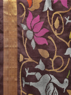 Brown Uppada Silk Handloom Saree with All Over Birds and Lotus Design - Global Threads | Grocsy