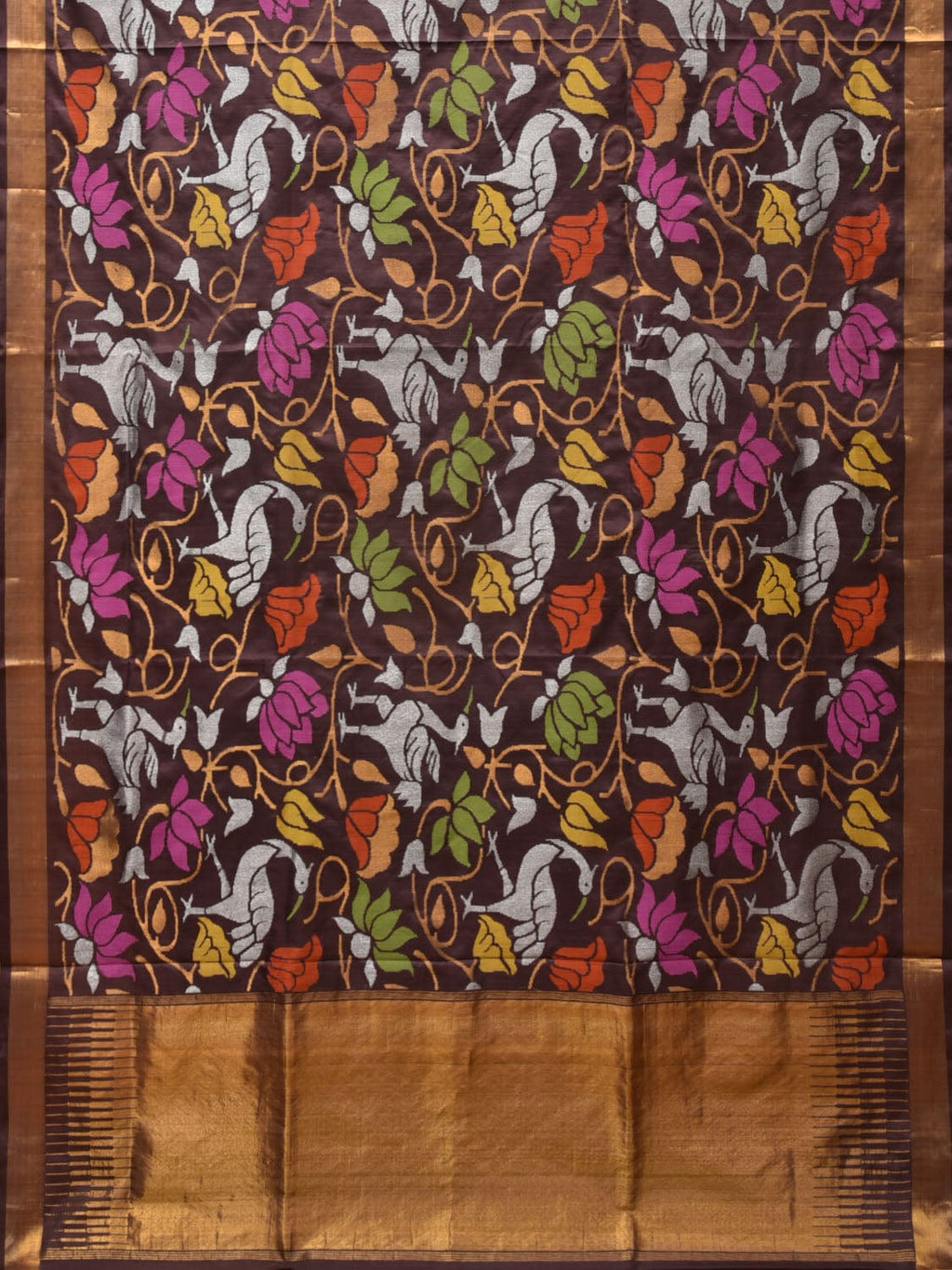 Brown Uppada Silk Handloom Saree with All Over Birds and Lotus Design - Global Threads | Grocsy
